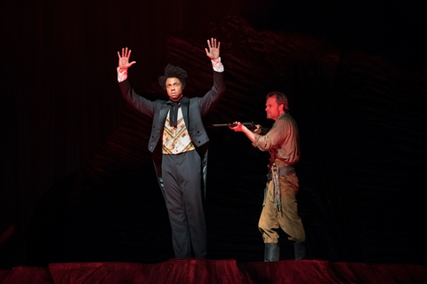 Davóne Tines (Ned Peters), Ryan McKinny (Clarence), Girls of the Golden West, John Adams. San Francisco Opera, 2017-18. Photographer: Stefan Cohen/San Francisco Opera.