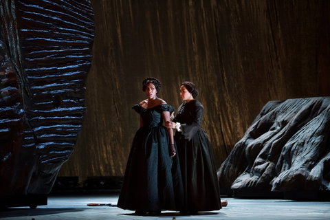 J'Nai Bridges (Josefa Segovia), Julia Bullock (Dame Shirley), Girls of the Golden West, John Adams. San Francisco Opera, 2017-18. Photographer: Stefan Cohen/San Francisco Opera.