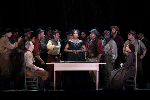 Ryan McKinny (Clarence), J'Nai Bridges (Josefa Segovia), Julia Bullock (Dame Shirley), Chorus, Girls of the Golden West, John Adams. San Francisco Opera, 2017-18. Photographer: Stefan Cohen/San Francisco Opera.