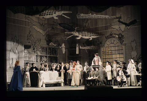 Rebecca Evans (Anne Trulove), Brian Asawa (Baba the Turk), David Cangelosi (Sellem), Ensemble, The Rake's Progress, Igor Stravinsky. San Francisco Opera, 1999-2000. Photographer: Ken Friedman/San Francisco Opera.