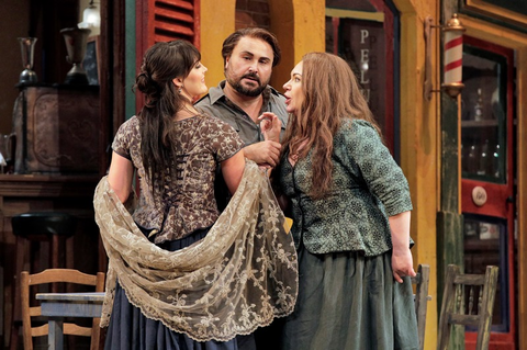 Laura Krumm (Lola), Roberto Aronica (Turiddu), Ekaterina Semenchuk (Santuzza), Cavalleria Rusticana, Pietro Mascagni. San Francisco Opera, 2018-19. Photographer: Cory Weaver/San Francisco Opera.