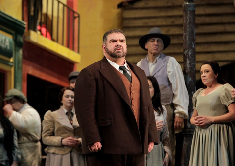 Dimitri Platanias (Alfio), Chorus, Cavalleria Rusticana, Pietro Mascagni. San Francisco Opera, 2018-19. Photographer: Cory Weaver/San Francisco Opera.