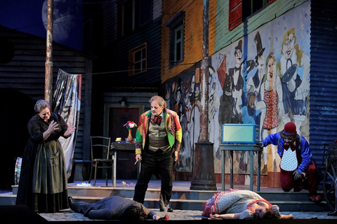 Jill Grove (Mamma Lucia), Marco Berti (Canio), Amitai Pati (Beppe), Pagliacci, Ruggero Leoncavallo. San Francisco Opera, 2018-19. Photographer: Cory Weaver/San Francisco Opera.