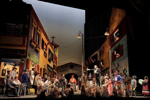 Marco Berti (Canio), Lianna Haroutounian (Nedda), Amitai Pati (Beppe), Ensemble, Pagliacci, Ruggero Leoncavallo. San Francisco Opera, 2018-19. Photographer: Cory Weaver/San Francisco Opera.