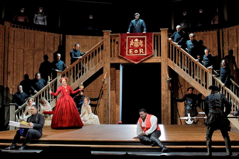 A scene from Donizetti's "Roberto Devereux" with Amitai Pati as Lord Cecil, Sondra Radvanovsky as Elisabetta, Andrew Manea as the Duke of Nottingham and Russell Thomas as the title role.  Photo: Cory Weaver/San Francisco Opera