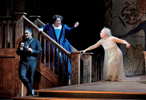 Amitai Pati as Lord Cecil, Jamie Barton as Sara and Sondra Radvanovsky as Elisabetta in Donizetti's "Roberto Devereux." Photo: Cory Weaver/San Francisco Opera