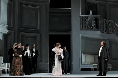 Michaela Martens (Countess Adelaide), Richard Paul Fink (Count Waldner), Ellie Dehn (Arabella), Brian Mulligan (Mandryka), Ensemble, Arabella, Richard Strauss. San Francisco Opera, 2018-19. Photographer: Cory Weaver/San Francisco Opera.