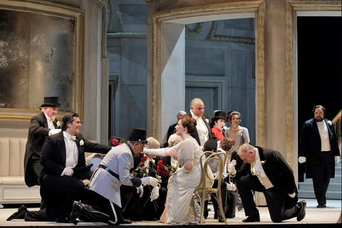 Ellie Dehn (Arabella), Hye Jung Lee (The Fiakermilli), Brian Mulligan (Mandryka), Chorus, Arabella, Richard Strauss. San Francisco Opera, 2018-19. Photographer: Cory Weaver/San Francisco Opera.