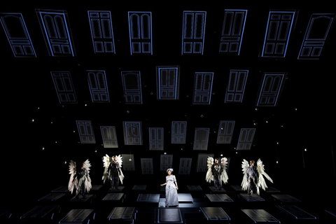 Golda Schultz as Clara (center) with Sarah Cambidge, Amitai Pati, Ashley Dixon and Christian Pursell as Angels First Class in Jake Heggie and Gene Scheer's "It's a Wonderful Life."  Photo: Cory Weaver/San Francisco Opera