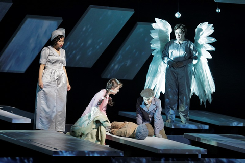 Golda Schultz as Clara, Violet Pasmooij as Young Mary, Pablo Gracia as Young Harry, Benjamin Drever as Young George, and Ashley Dixon as Angel First Class in Jake Heggie and Gene Scheer's "It's a Wonderful Life." Photo: Cory Weaver/San Francisco Opera