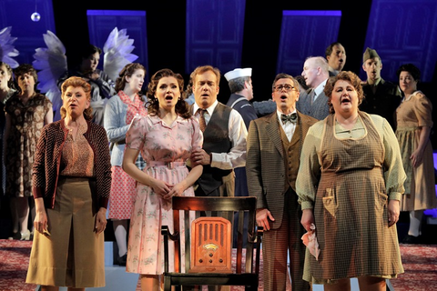 Carole Schaffer as Helen Bailey, Andriana Chuchman as Mary Hatch, William Burden as George Bailey, Keith Jameson as Uncle Billy Bailey and Catherine Cook as Mother Bailey in Jake Heggie and Gene Scheer's "It's a Wonderful Life."  Photo: Cory Weaver/San Francisco Opera