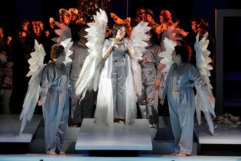 Golda Schultz as Clara (center) with Sarah Cambidge, Amitai Pati, Christian Pursell and Ashley Dixon as Angels First Class in Jake Heggie and Gene Scheer's "It's a Wonderful Life."  Photo: Cory Weaver/San Francisco Opera