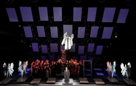 Jake Heggie and Gene Scheer's "It's a Wonderful Life" with Golda Schultz as Clara and William Burden as George Bailey (center) and Sarah Cambidge, Amitai Pati, Christian Pursell and Ashley Dixon as Angels First Class.  Photo: Cory Weaver/San Francisco Opera