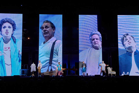 Lucas Meachem as Figaro, Daniela Mack as Rosina, Alek Shrader as Count Almaviva, and Philip Skinner as Dr. Bartolo in Rossini's "The Barber of Seville." Photo: Stefan Cohen