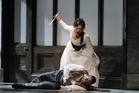 Ailyn Pérez as Tosca and Alfred Walker as Scarpia in Puccini's "Tosca." Photo: Cory Weaver/San Francisco Opera