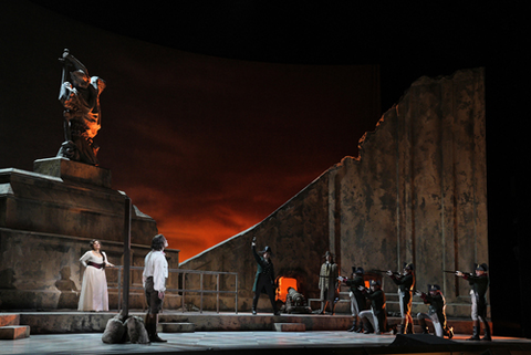 Michael Fabiano as Cavaradossi and Ailyn Pérez as Tosca in the final act of Puccini's "Tosca." Photo: Cory Weaver/San Francisco Opera