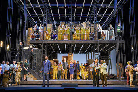 Soloman Howard as Don Fernando, James Creswell as Rocco, Anne-Marie MacIntosh as Marzelline, Elza van den Heever as Leonore, Russell Thomas as Florestan in Beethoven's "Fidelio." Photo: Cory Weaver/San Francisco Opera