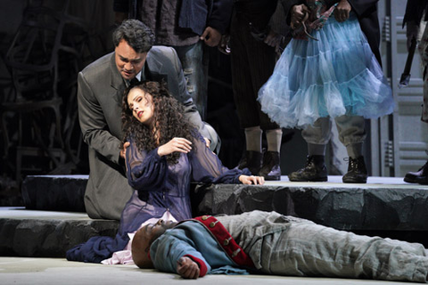 Amitai Pati as Don Ottavio, Adela Zaharia as Donna Anna, and Soloman Howard as the Commendatore in Mozart's "Don Giovanni." Photo: Cory Weaver/San Francisco Opera