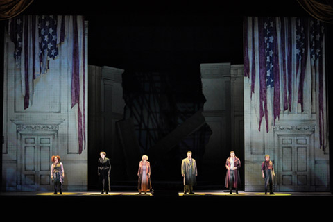 Act II sextet with Christina Gansch (Zerlina), Adela Zaharia (Donna Anna), Nicole Car (Donna Elvira), Amitai Pati (Don Ottavio), Luca Pisaroni (Leporello - disguised as Don Giovanni), and Cody Quattlebaum (Masetto) in Mozart's "Don Giovanni." Photo: Cory Weaver/San Francisco Opera