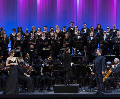 "Eun Sun Kim Conducts Verdi" with Nicole Car, Eun Sun Kim, Etienne Dupuis, and the San Francisco Opera Orchestra and Chorus. Photo: Drew Altizer