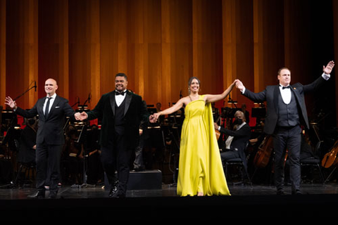 Michael Fabiano, Pene Pati, Nadine Sierra, and Lucas Meachem at "Opera Ball: The Centennial Celebration." Photo: Kristen Loken/San Francisco Opera