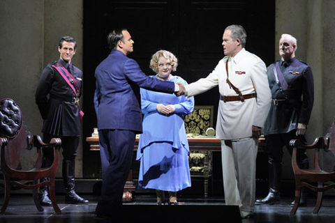 Paul Appleby as Caesar and Gerald Finley as Antony shake hands while Hadleigh Adams as Agrippa, Elizabeth DeShong as Octavia, and Philip Skinner as Lepidus look on in John Adams' "Antony and Cleopatra." Photo: Cory Weaver/San Francisco Opera