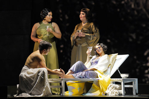 Taylor Raven as Charmian, Gabrielle Beteag as Iras, and Amina Edris as Cleopatra in John Adams' "Antony and Cleopatra." Photo: Cory Weaver/San Francisco Opera