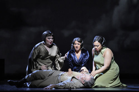 Gabrielle Beteag as Iras, Amina Edris as Cleopatra, Taylor Raven as Charmian, and Gerald Finley as Antony in John Adams' "Antony and Cleopatra." Photo: Cory Weaver/San Francisco Opera