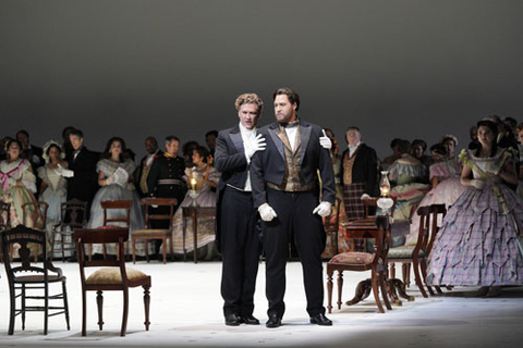 Gordon Bintner as Onegin and Evan LeRoy Johnson as Lensky in Tchaikovsky's "Eugene Onegin." Photo: Cory Weaver/San Francisco Opera