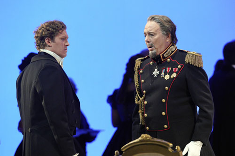 Gordon Bintner as Onegin and Ferruccio Furlanetto as Prince Gremin in Tchaikovsky's "Eugene Onegin." Photo: Cory Weaver/San Francisco Opera