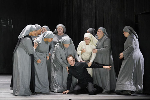 Brenton Ryan as the Chaplain with nuns of the Carmelite order in Poulenc's "Dialogues of the Carmelites." Photo: Cory Weaver/San Francisco Opera