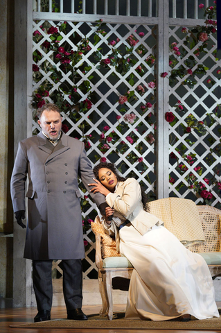 Simone Piazzola as Giorgio Germont and Pretty Yende as Violetta in Verdi's "La Traviata." Photo: Cory Weaver/San Francisco Opera