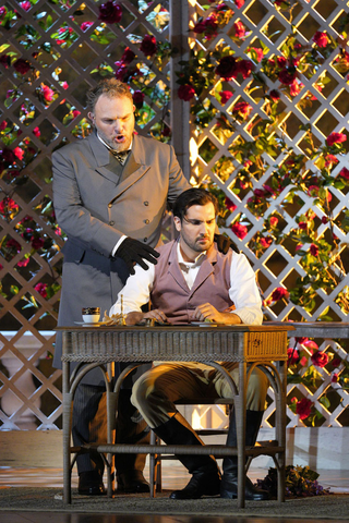 Simone Piazzola as Giorgio Germont and Jonathan Tetelman as Alfredo in Verdi's "La Traviata." Photo: Cory Weaver/San Francisco Opera