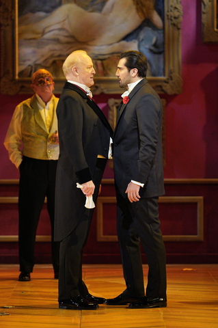 Philip Skinner as Baron Douphol and Jonathan Tetelman as Alfredo in Verdi's "La Traviata." Photo: Cory Weaver/San Francisco Opera