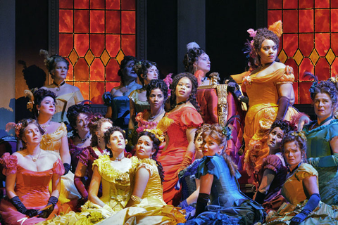 Pretty Yende as Violetta and Taylor Raven as Flora with members of the San Francisco Opera Chorus in Verdi's "La Traviata." Photo: Cory Weaver/San Francisco Opera