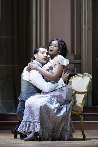 Jonathan Tetelman as Alfredo and Pretty Yende as Violetta in Verdi's "La Traviata." Photo: Cory Weaver/San Francisco Opera