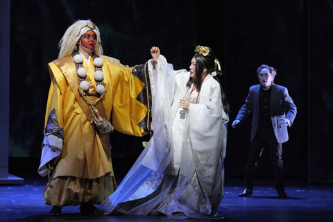 Jongwon Han as The Bonze, Karah Son as Cio-Cio-San, and John Charles Quimpo as Adult Trouble in Puccini's "Madame Butterfly." Photo: Cory Weaver/San Francisco Opera