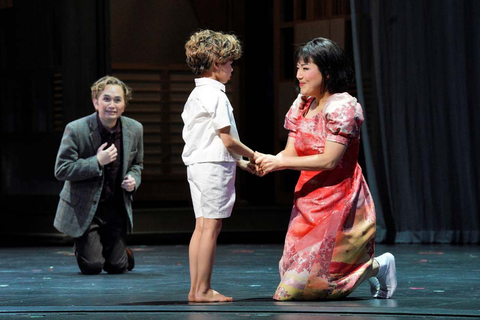 John Charles Quimpo as Adult Trouble, Viva Young Maguire as Trouble, and Karah Son as Cio-Cio-San in Puccini's "Madame Butterfly." Photo: Cory Weaver/San Francisco Opera