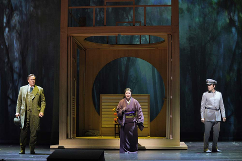 Lucas Meachem as Sharpless, Hyona Kim as Suzuki, and Michael Fabiano as Pinkerton in Puccini's "Madame Butterfly." Photo: Cory Weaver/San Francisco Opera