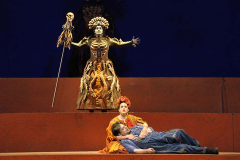 Yaritza Véliz as Catrina, Daniela Mack as Frida Kahlo, and Alfredo Daza as Diego Rivera in Gabriela Lena Frank and Nilo Cruz's "El último sueño de Frida y Diego." Photo: Cory Weaver/San Francisco Opera