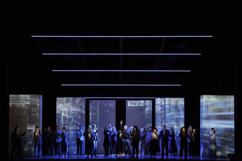 John Moore as Steve Jobs with members of the San Francisco Opera Chorus in Mason Bates and Mark Campbell's "The (R)evolution of Steve Jobs." Photo: Cory Weaver/San Francisco Opera