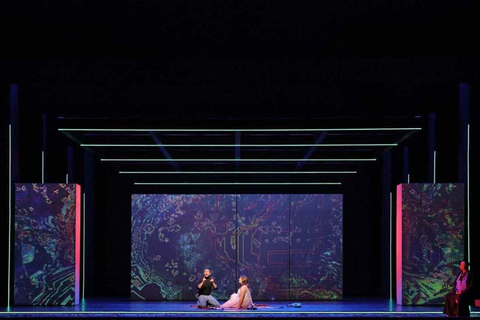 John Moore as Steve Jobs, Olivia Smith as Chrisann Brennan, and Wei Wu as Kōbun Chino Otogawa in Mason Bates and Mark Campbell's "The (R)evolution of Steve Jobs." Photo: Cory Weaver/San Francisco Opera