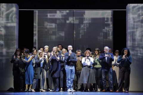 John Moore as Steve Jobs with members of the San Francisco Opera Chorus in Mason Bates and Mark Campbell's "The (R)evolution of Steve Jobs." Photo: Cory Weaver/San Francisco Opera