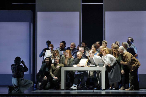 John Moore as Steve Jobs with members of the San Francisco Opera Chorus in Mason Bates and Mark Campbell's "The (R)evolution of Steve Jobs." Photo: Cory Weaver/San Francisco Opera