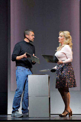 Sasha Cooke as Laurene Powell Jobs and John Moore as Steve Jobs in Mason Bates and Mark Campbell's "The (R)evolution of Steve Jobs." Photo: Cory Weaver/San Francisco Opera