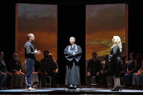 John Moore as Steve Jobs, Wei Wu as Kōbun Chino Otogawa, and Sasha Cooke as Laurene Powell Jobs in Mason Bates and Mark Campbell's "The (R)evolution of Steve Jobs." Photo: Cory Weaver/San Francisco Opera