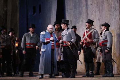 Robert Pomakov as Ferrando with members of the San Francisco Opera Chorus in Verdi's "Il Trovatore." Photo: Cory Weaver/San Francisco Opera