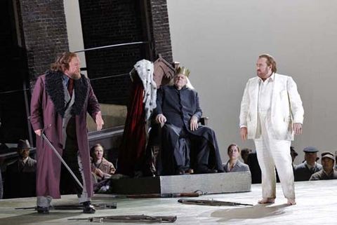 Brian Mulligan as Telramund, Kristinn Sigmundsson as King Heinrich, and Simon O'Neill as Lohengrin in Wagner's "Lohengrin." Photo: Cory Weaver/San Francisco Opera