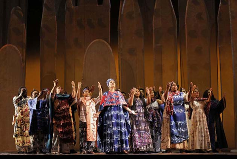 Taylor Raven as Fatima with members of the San Francisco Opera Chorus in Rhiannon Giddens and Michael Abels' "Omar." Photo: Cory Weaver/San Francisco Opera