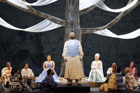 Brittany Renee as Julie, Jamez McCorkle as Omar, Taylor Raven as Fatima, and members of the San Francisco Opera Chorus in Rhiannon Giddens and Michael Abels' "Omar." Photo: Cory Weaver/San Francisco Opera